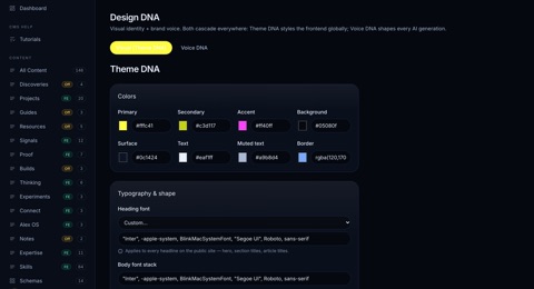 Theme DNA editor in Alex CMS: brand colors and typography tokens that restyle the whole site